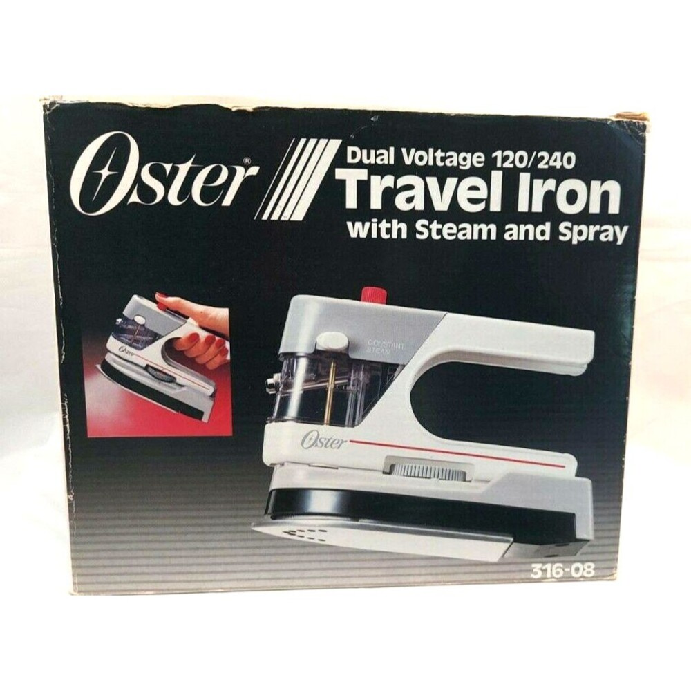 Vintage Oster Travel Iron Spray Mini Iron Dual Voltage 120/240 Orig Box White